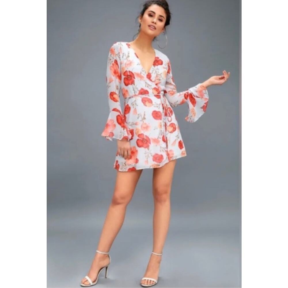 Lulus Orange Floral Wrap Dress Long Bell Sleeve Ruffle Fairy Mini XL